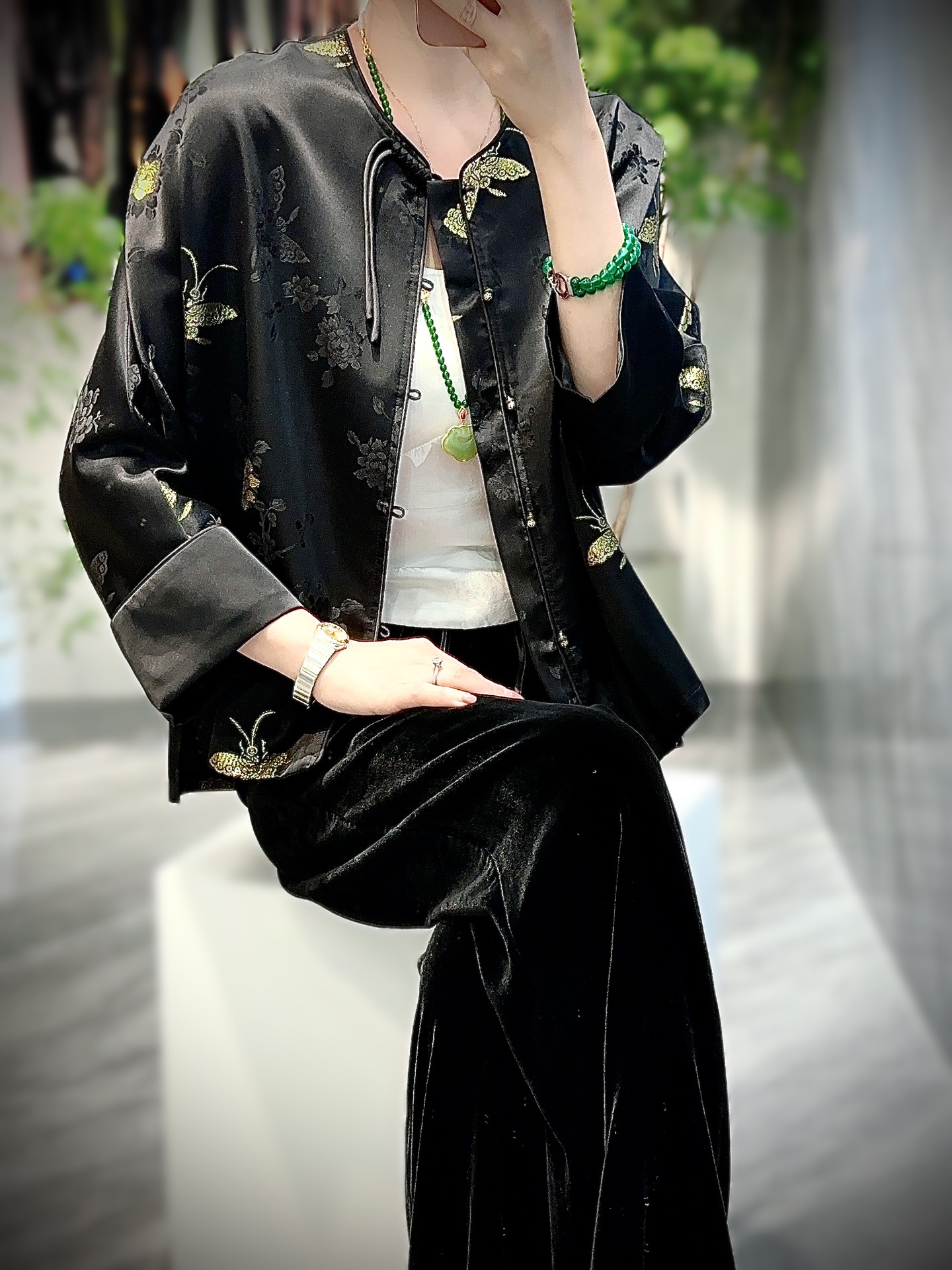 ????国风新中式织金蝴蝶真丝提花中式外套，黑色现货XL