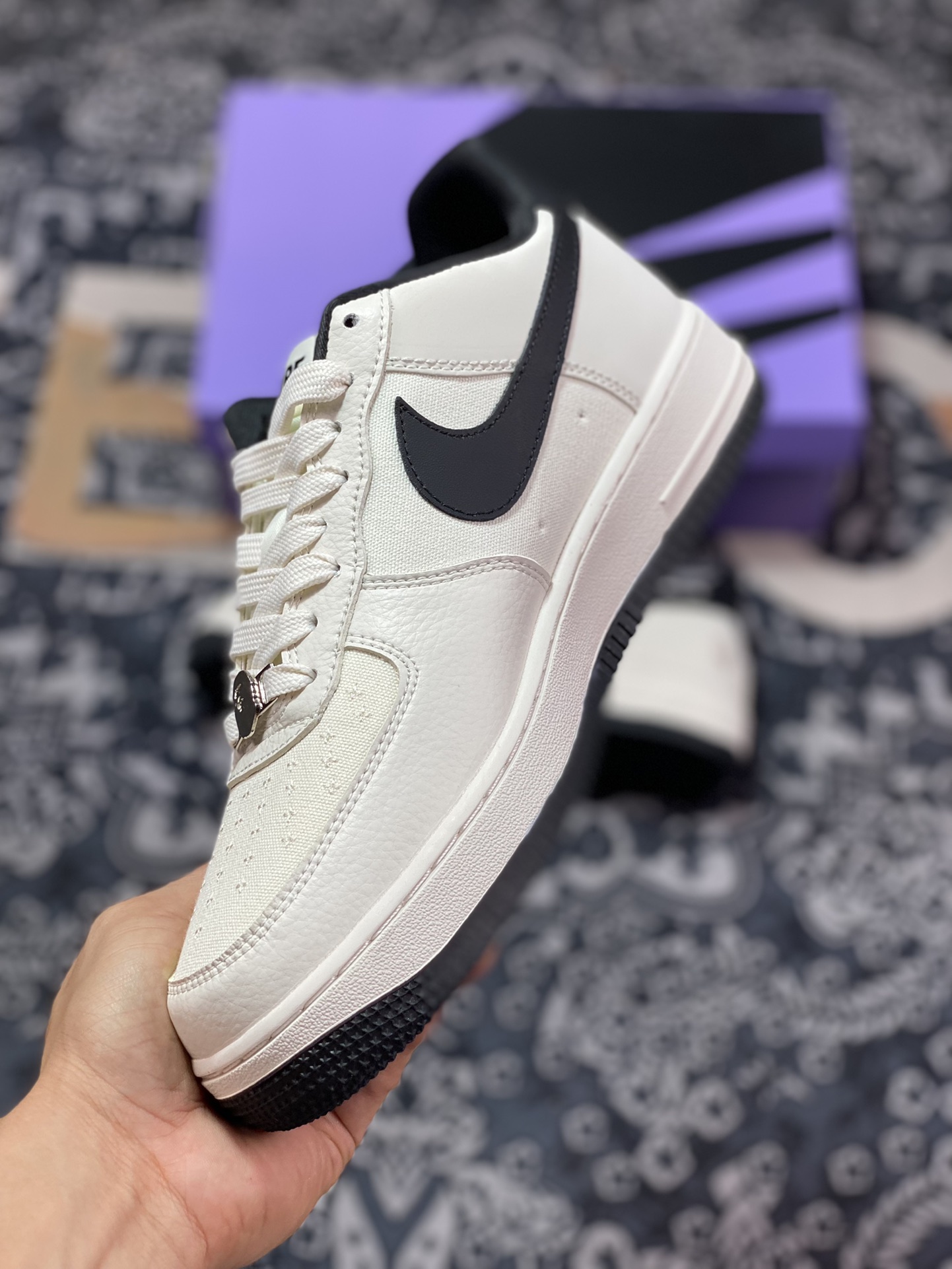 Bape x Air Force 1 Low Leather and Cloth Splicing White and Black BS9055-746