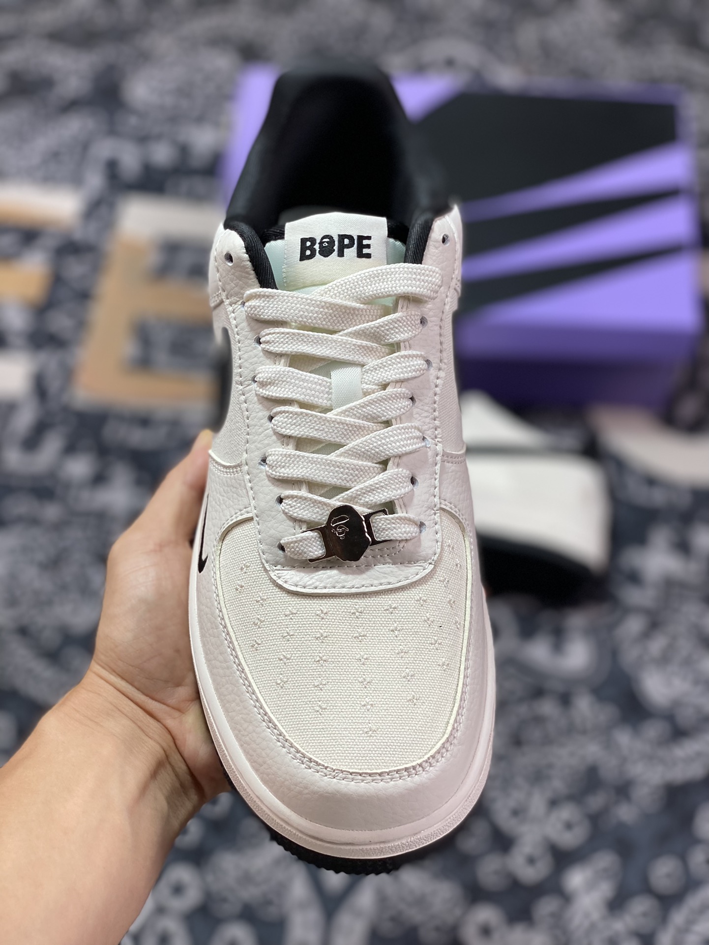 Bape x Air Force 1 Low Leather and Cloth Splicing White and Black BS9055-746