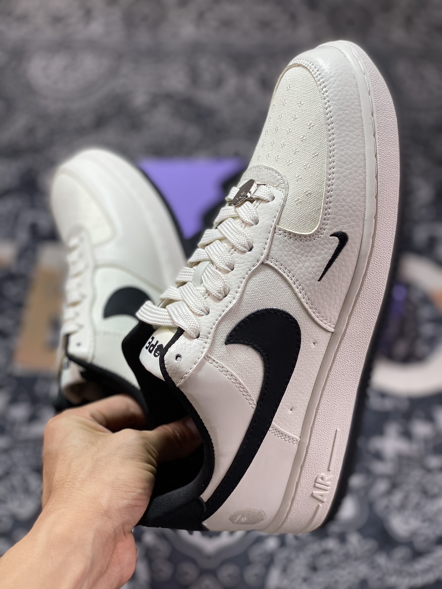 Bape x Air Force 1 Low Leather and Cloth Splicing White and Black BS9055-746