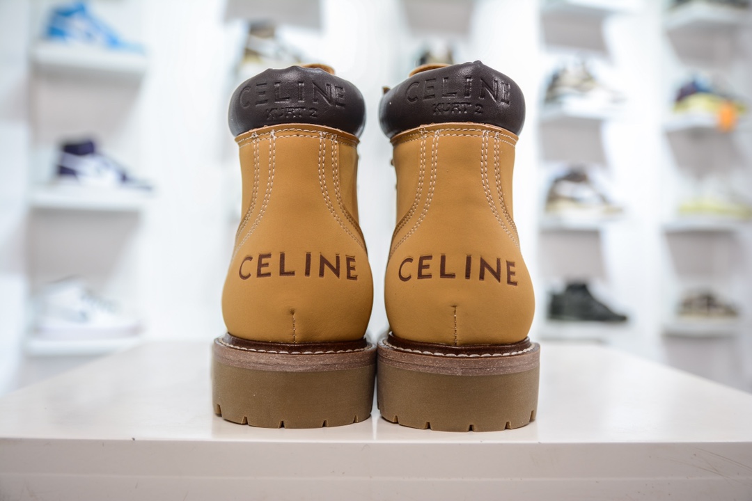 Celine Lace Up Boots ”Wheat” Celine versatile British style mid-tube motorcycle goddess military uniform Martin boots 2022 autumn and winter new products