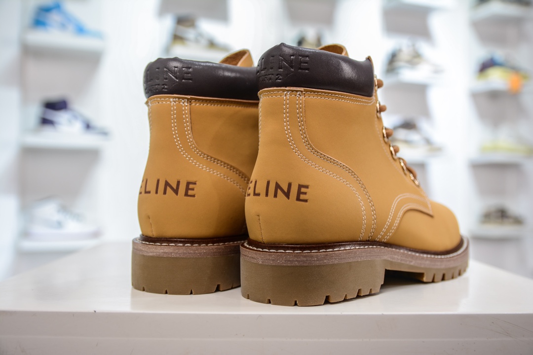 Celine Lace Up Boots ”Wheat” Celine versatile British style mid-tube motorcycle goddess military uniform Martin boots 2022 autumn and winter new products