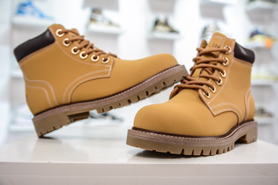 Celine Lace Up Boots ”Wheat” Celine versatile British style mid-tube motorcycle goddess military uniform Martin boots 2022 autumn and winter new products