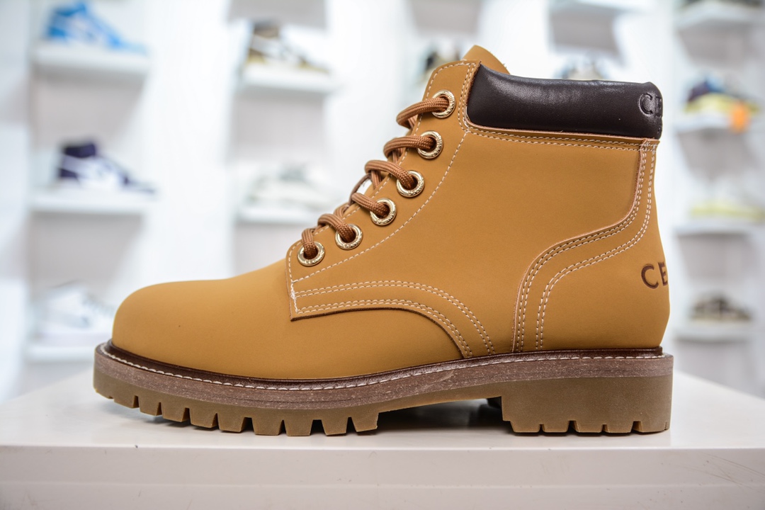 Celine Lace Up Boots ”Wheat” Celine versatile British style mid-tube motorcycle goddess military uniform Martin boots 2022 autumn and winter new products