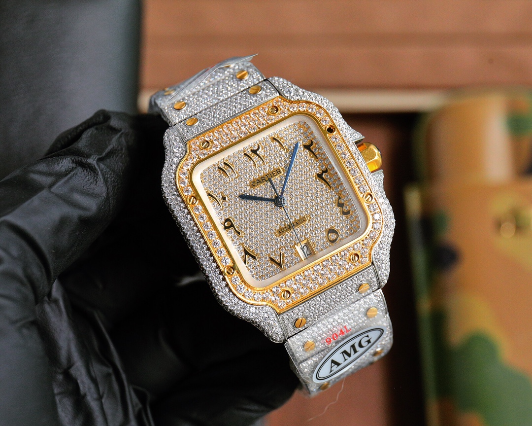 Cartier Santos de Cartier two-tone yellow gold and diamond-set case, diamond bezel, diamond dial, diamond-set steel bracelet 39mm Men's Automatic