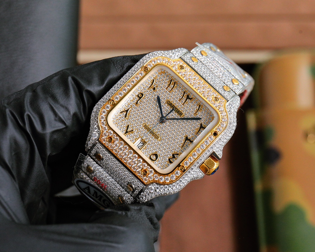 Cartier Santos de Cartier two-tone yellow gold and diamond-set case, diamond bezel, diamond dial, diamond-set steel bracelet 39mm Men's Automatic