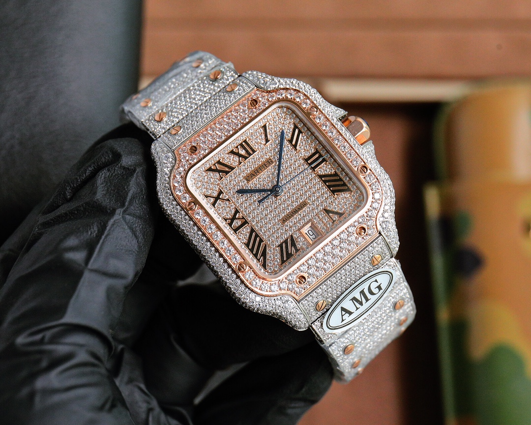 Cartier Santos de Cartier Large Model silver and rose gold diamond-paved case bezel dial and bracelet 39mm Men's Automatic