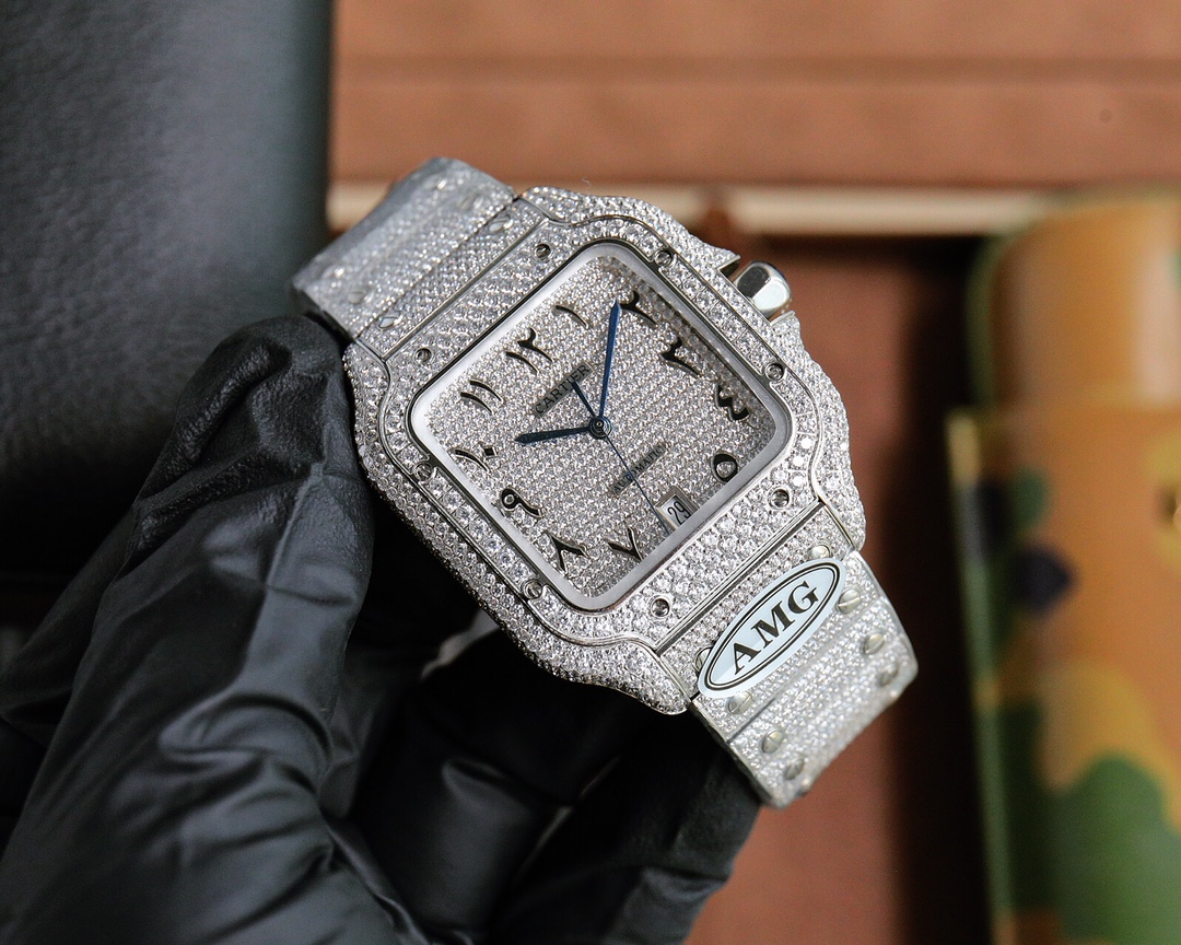 Cartier Santos de Cartier silver diamond-paved case, bezel, dial and bracelet 39.8mm Men's Automatic