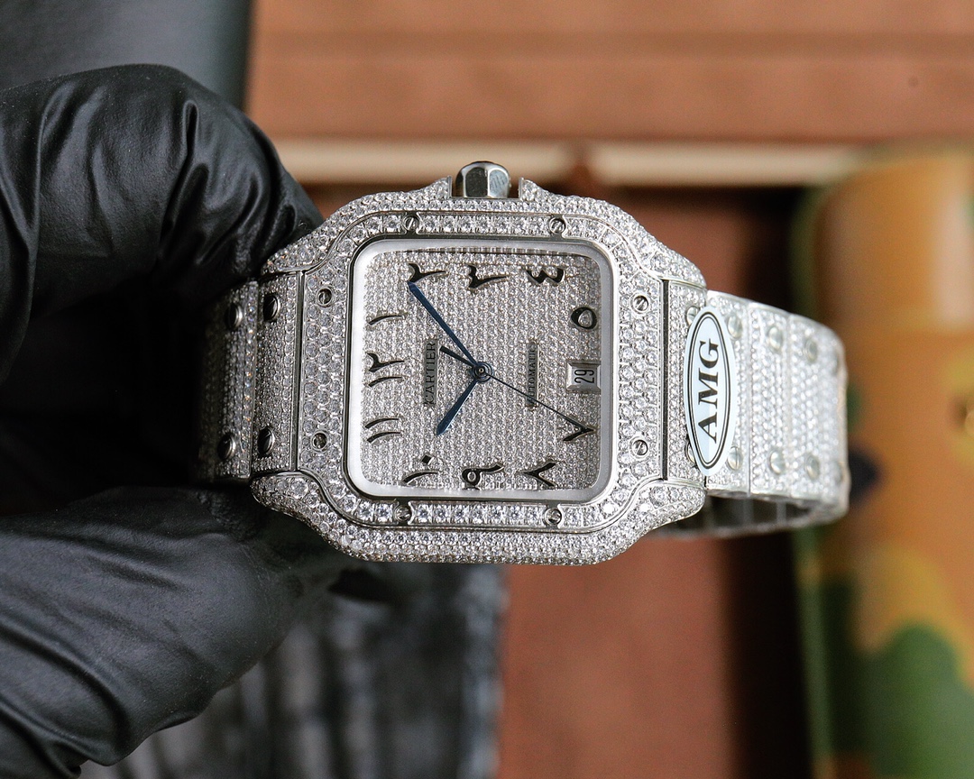 Cartier Santos de Cartier silver diamond-paved case, bezel, dial and bracelet 39.8mm Men's Automatic
