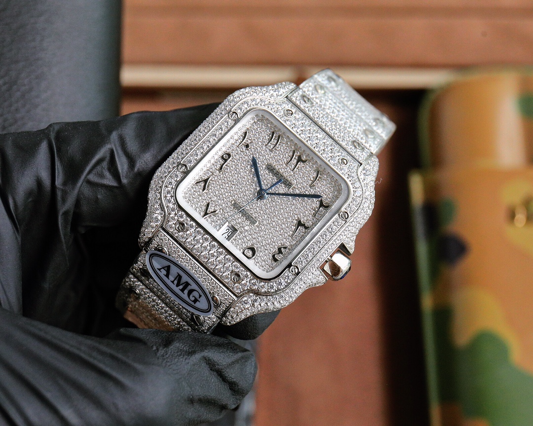 Cartier Santos de Cartier silver diamond-paved case, bezel, dial and bracelet 39.8mm Men's Automatic