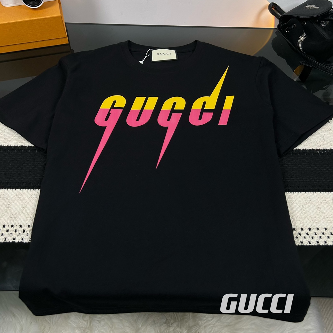 Gucci Clothing T-Shirt Black Printing Cotton Summer Collection Short Sleeve