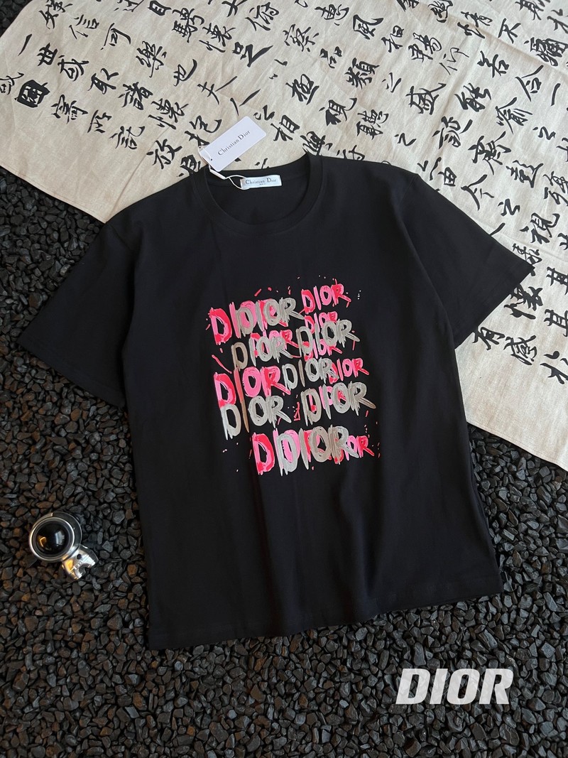 Dior Clothing T-Shirt Black Doodle Printing Unisex Cotton Summer Collection Short Sleeve