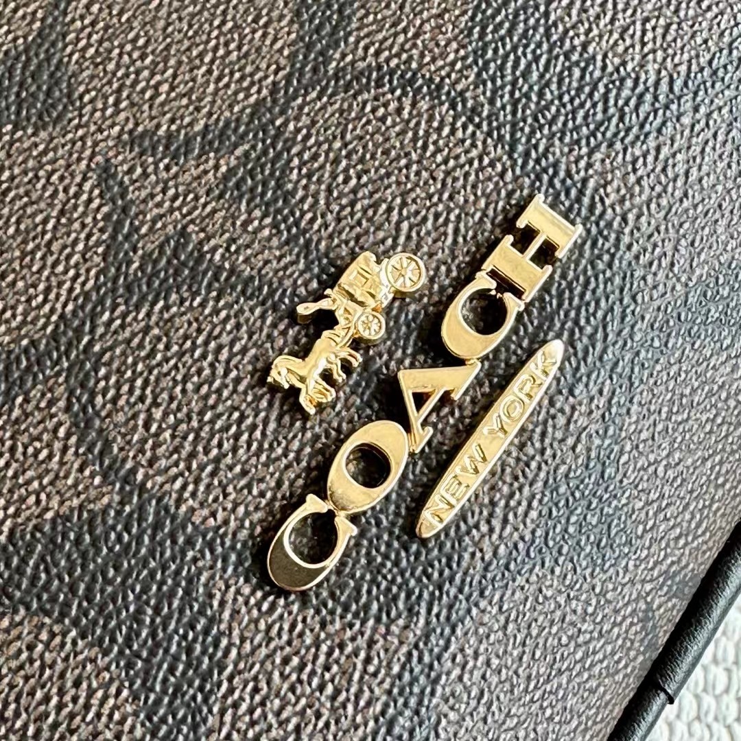 Coach ～纯 COACH 蔻驰 F68168女士简约 棕色拼色双拉链双C印花相机包单肩斜挎包