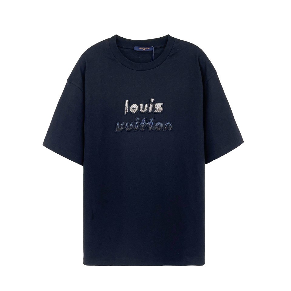 Louis Vuitton Clothing T-Shirt Black Embroidery Cotton Fall/Winter Collection Short Sleeve