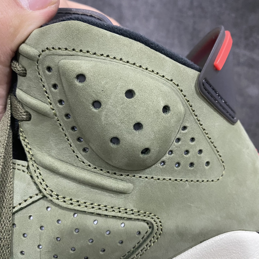 图片[3]-【OG纯原】Travis Scott x Air Jordan 6 AJ6 TS复古文化篮球鞋“军绿夜光鬼脸” CN1084-200nAJ6军绿口袋 顶级细节多双原鞋拆解开发 进口麂皮皮料立体公整口袋 原厂后跟刺绣 饱满粗细同步 区分市面过细刺绣 原厂锁扣配件按压回弹声音清脆 原厂定型 后跟完美效果 无各种添加操作 全新正确细节 正确3M反光夜光大底  尺码：40 40.5 41 42 42.5 43 44 44.5 45 46 47.5-莆田鞋批发中心