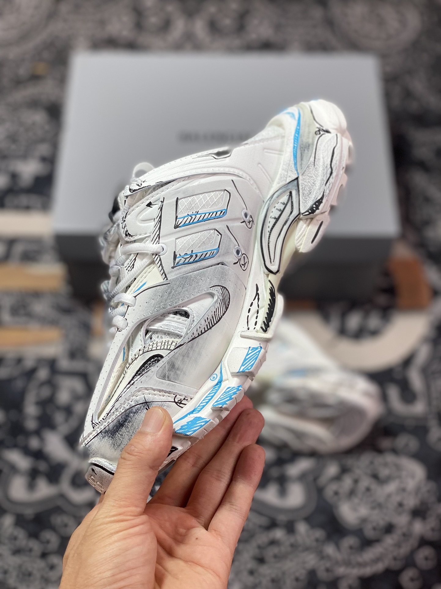 Balenciaga Track Mule Clear Sole Sneakers 3.0 Retro Running Shoes ”White Black Sky Blue Graffiti” 653813 W3SRA 9014