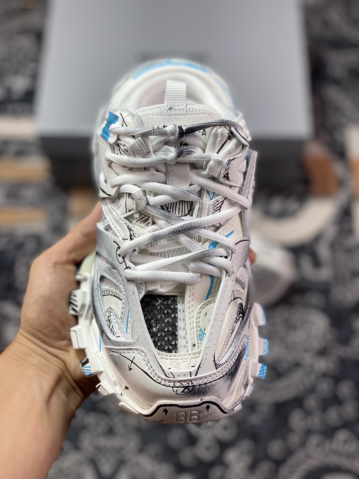 Balenciaga Track Mule Clear Sole Sneakers 3.0 Retro Running Shoes ”White Black Sky Blue Graffiti” 653813 W3SRA 9014