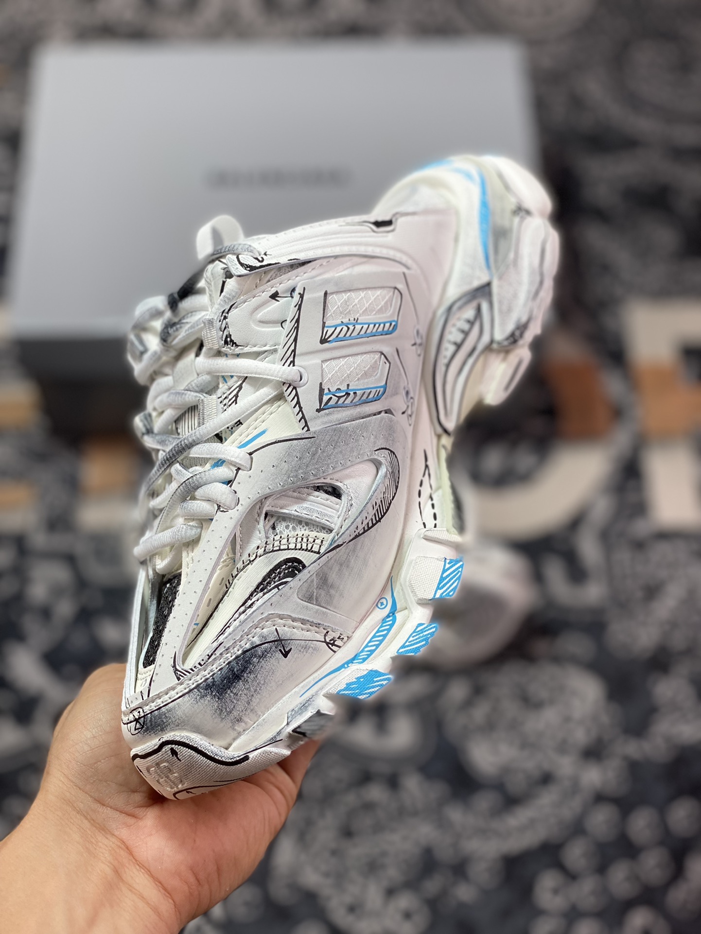 Balenciaga Track Mule Clear Sole Sneakers 3.0 Retro Running Shoes ”White Black Sky Blue Graffiti” 653813 W3SRA 9014