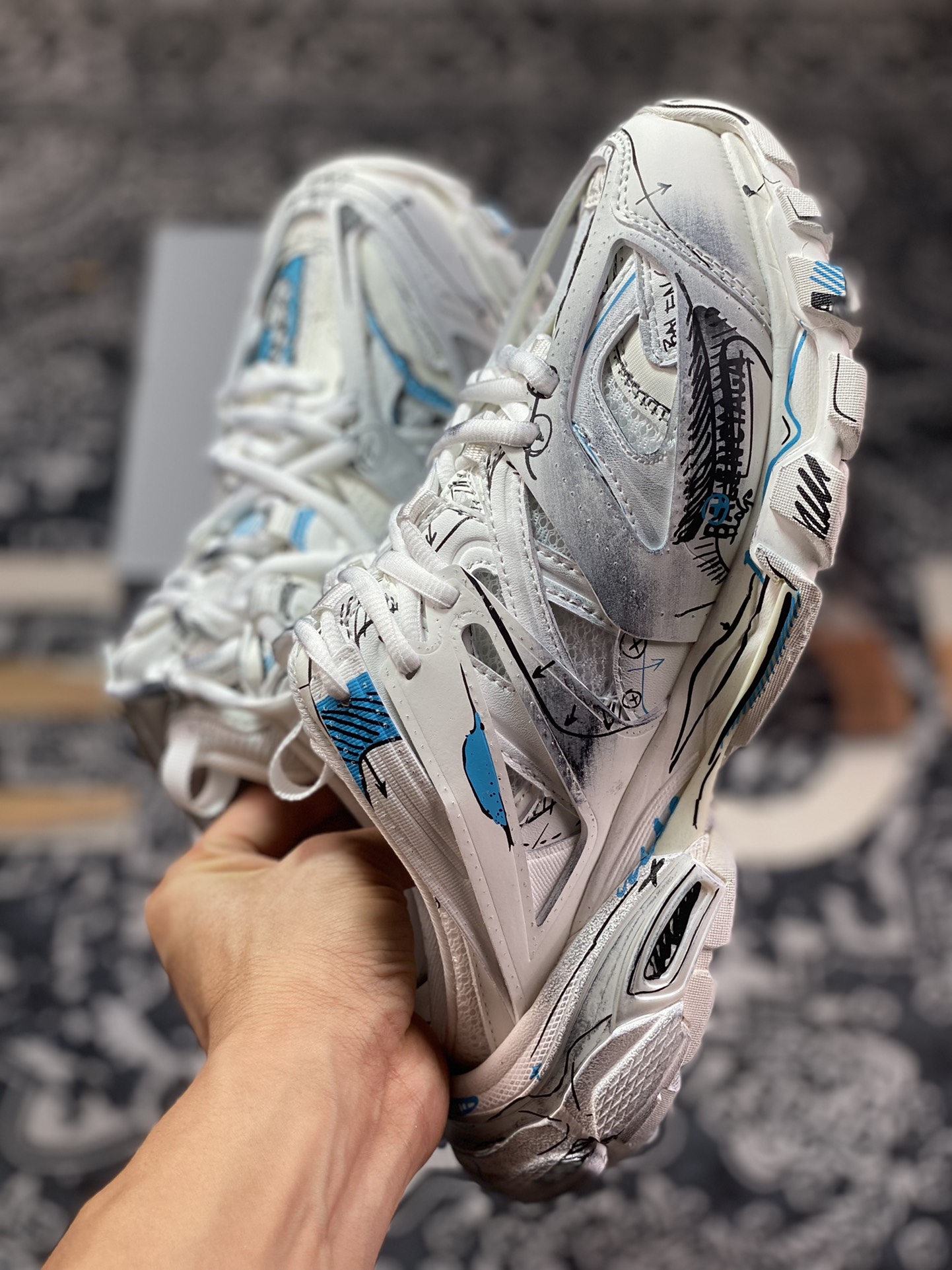 Balenciaga Track Mule Clear Sole Sneakers 3.0 Retro Running Shoes ”White Black Sky Blue Graffiti” 653813 W3SRA 9014