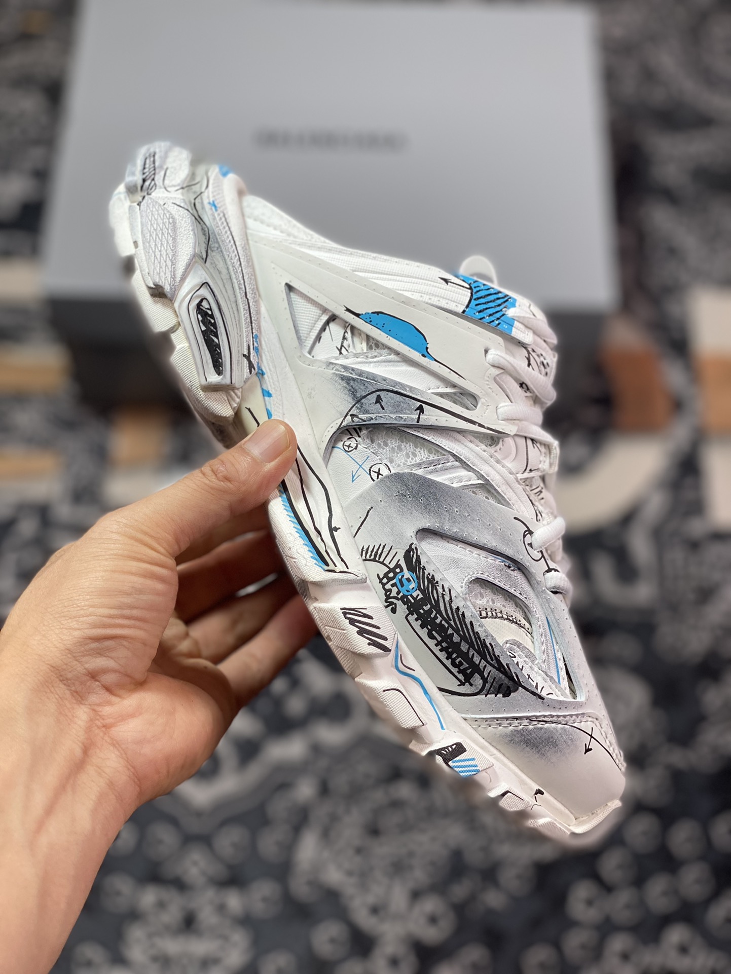 Balenciaga Track Mule Clear Sole Sneakers 3.0 Retro Running Shoes ”White Black Sky Blue Graffiti” 653813 W3SRA 9014