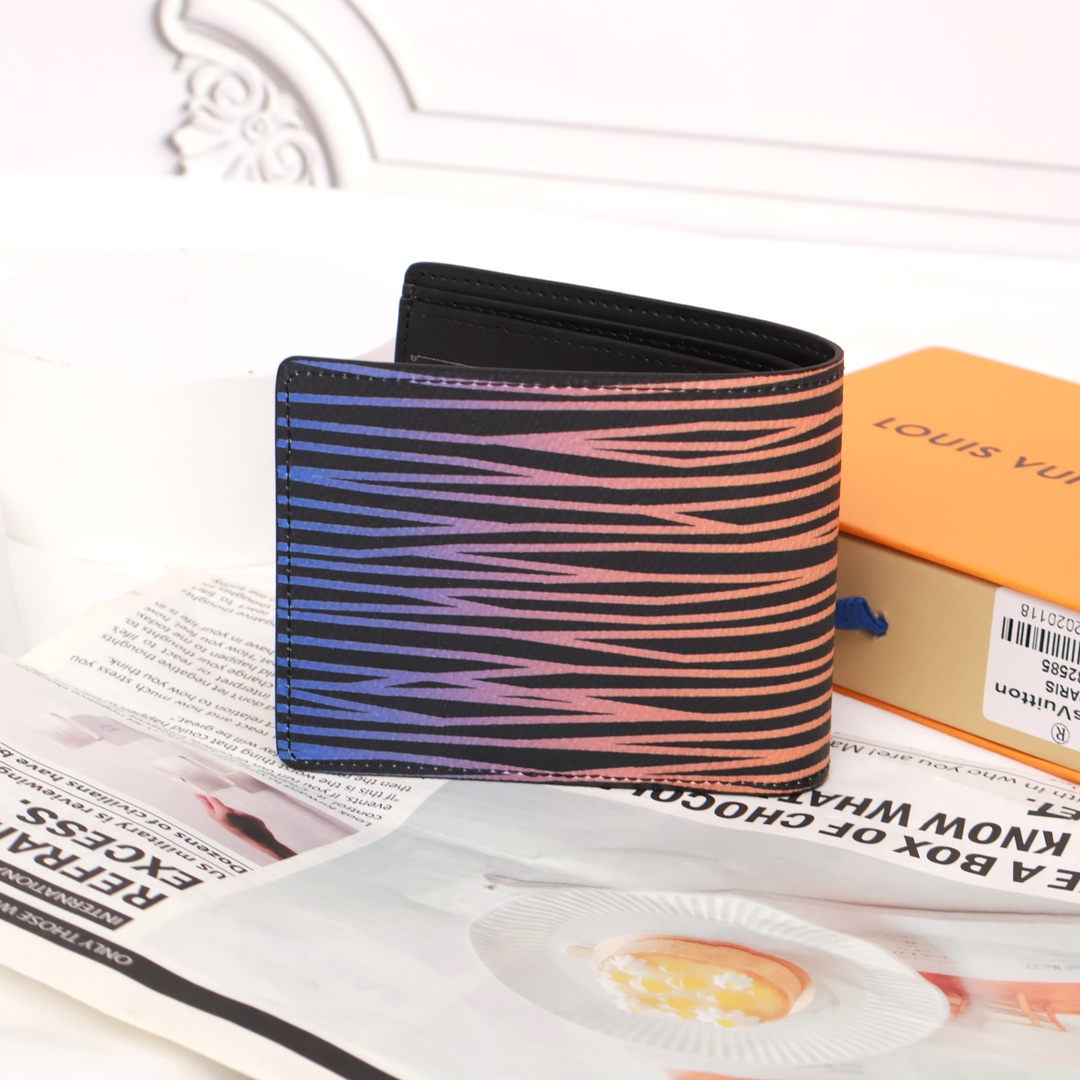 Leather bifold wallet open, revealing card slots and compartments