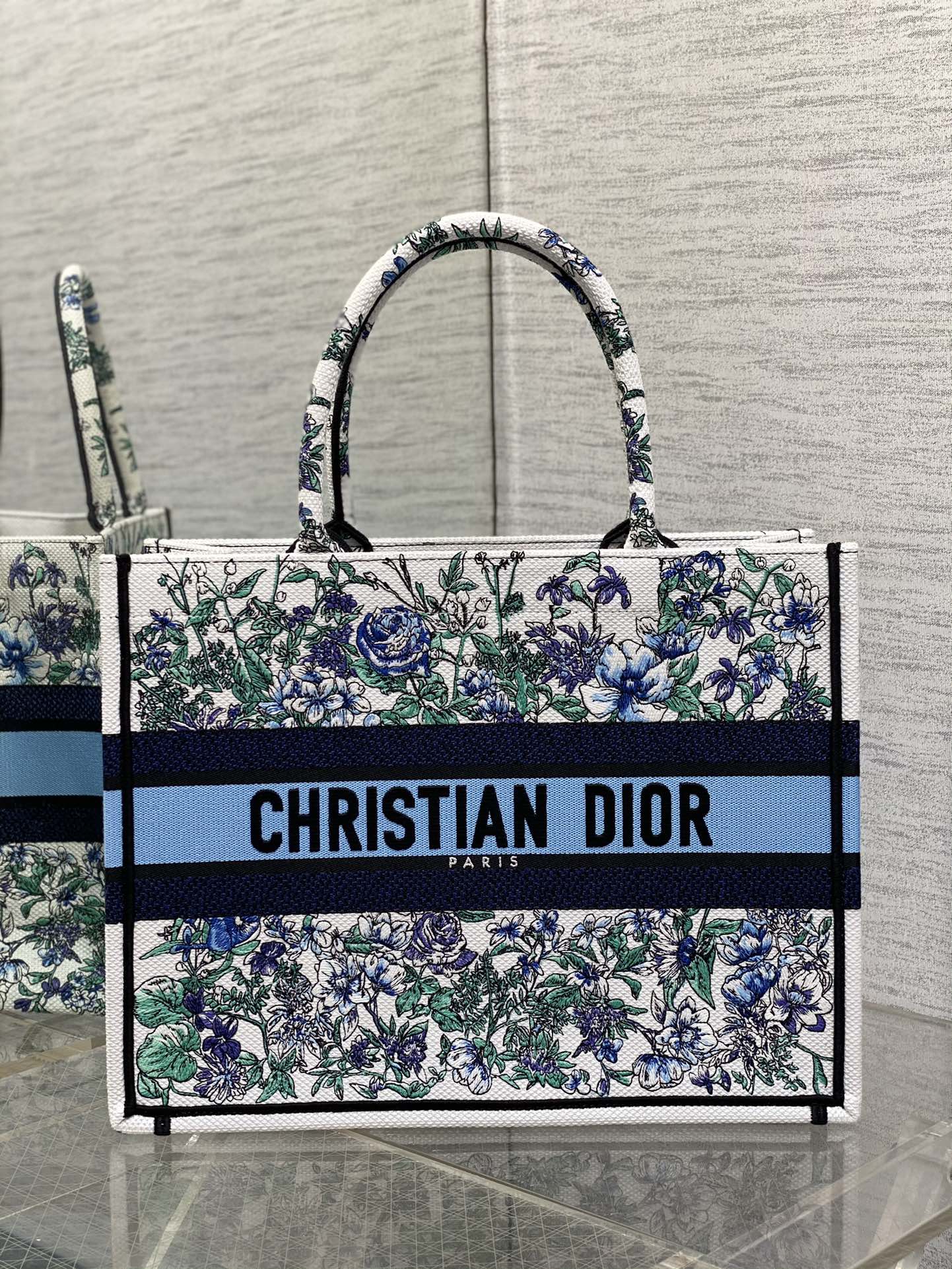 Dior Medium Tote Floral Embroidery Colorblock Letter Tote Bag