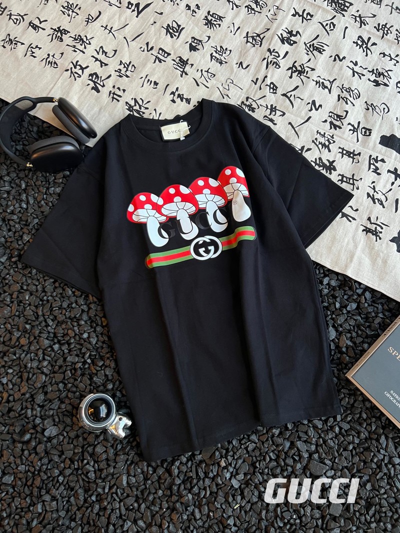 Gucci Clothing T-Shirt Black Printing Cotton Summer Collection Short Sleeve