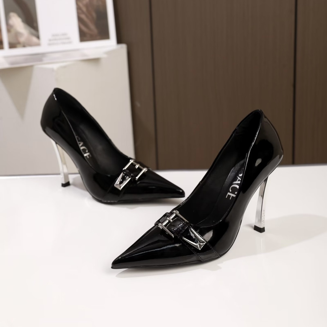 35-42 yardas, fábrica Versace nuevos zapatos individuales de cuero puntiagudo, con curvas con Logo m