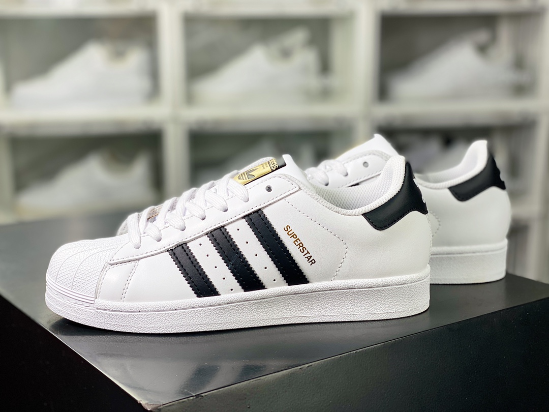 / Clover Adidas Originals Superstar ”White/Black/Gold” classic shell head series low-top sneakers ”19 old version leather white black gold label” C77124