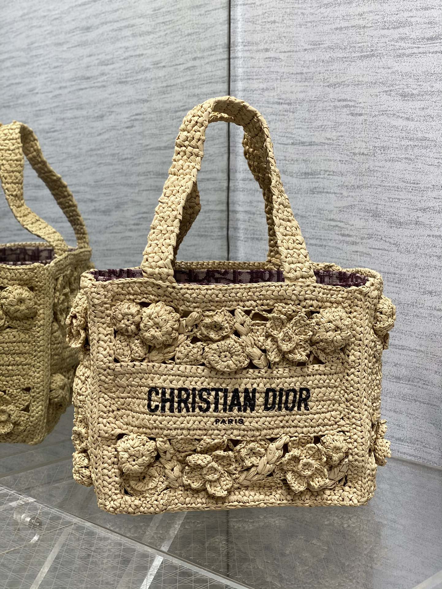Sac cabas en paille tressée, motif floral, doublure amovible en toile de coton