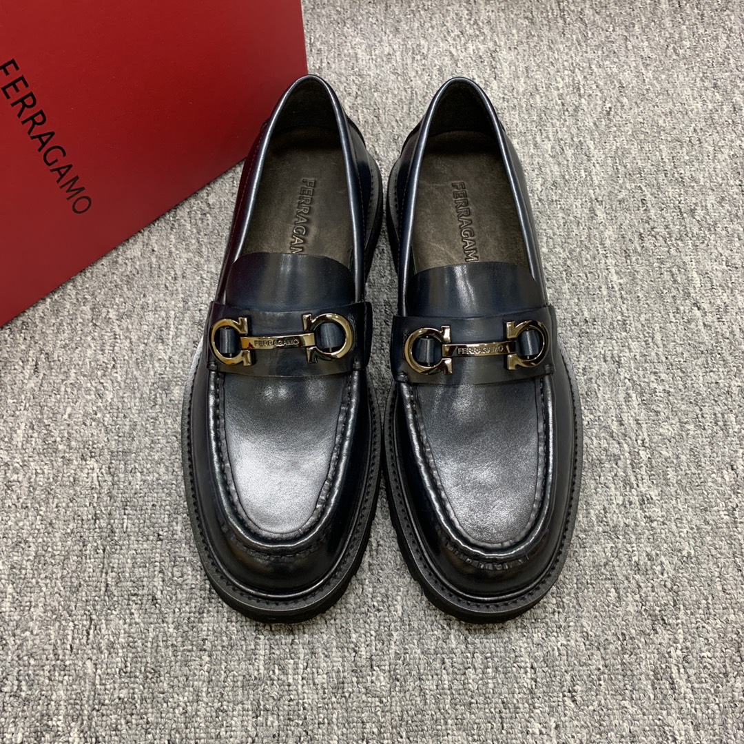 Ferragamo Men's Black Leather Platform Loafers with Signature Buckle 1 Ferragamo Men's Black Leather Platform Loafers with Signature Buckle