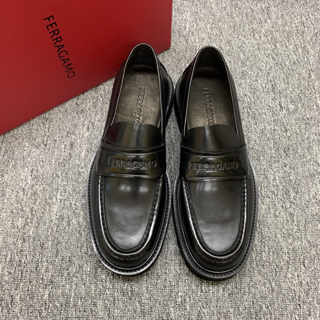 Ferragamo Men's Black Leather Loafers with Round Toe and Thick Sole 1 Ferragamo Men's Black Leather Loafers with Round Toe and Thick Sole
