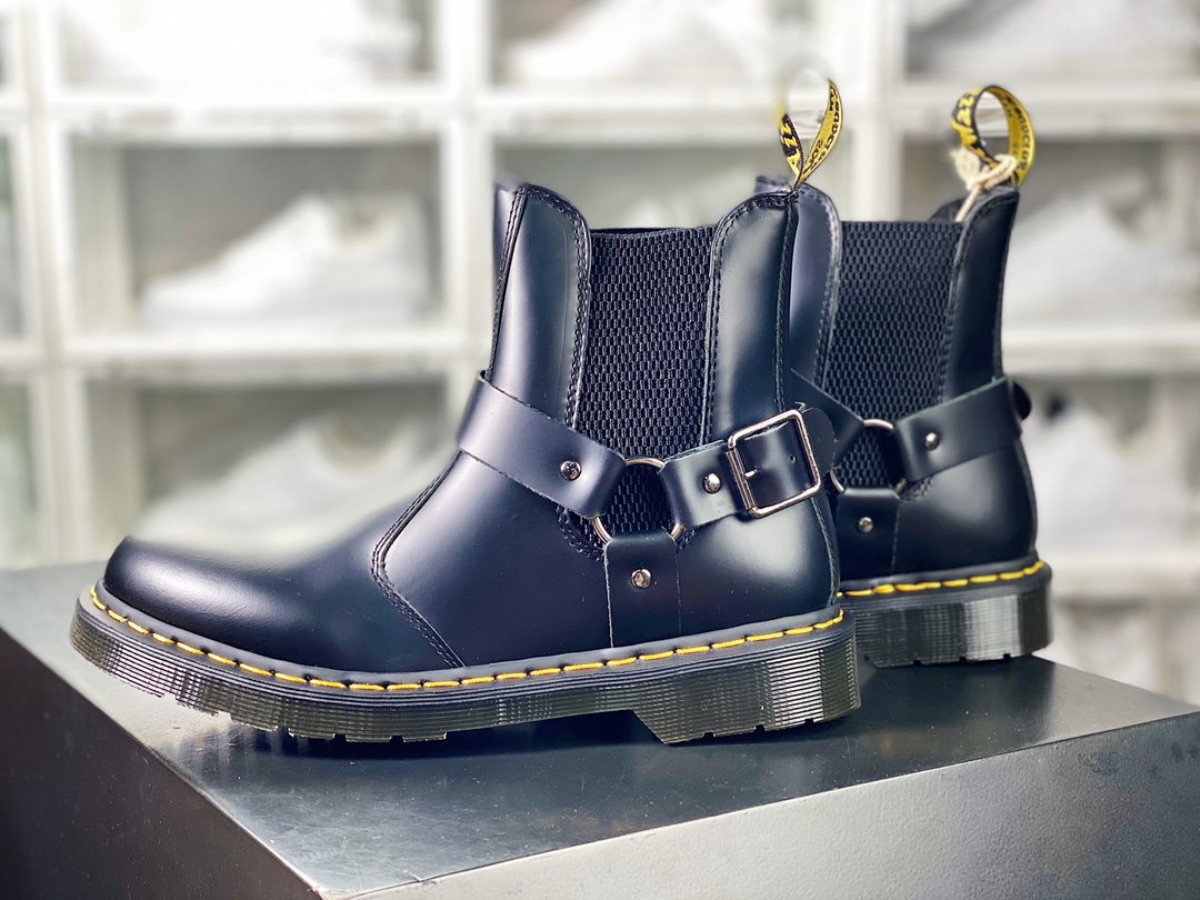 Dr. Martens Blake Boots Leather Strap Zip Buckle Side High-top Martin Boots ”No Lace Hard Leather Black Triangle Buckle” R11822206