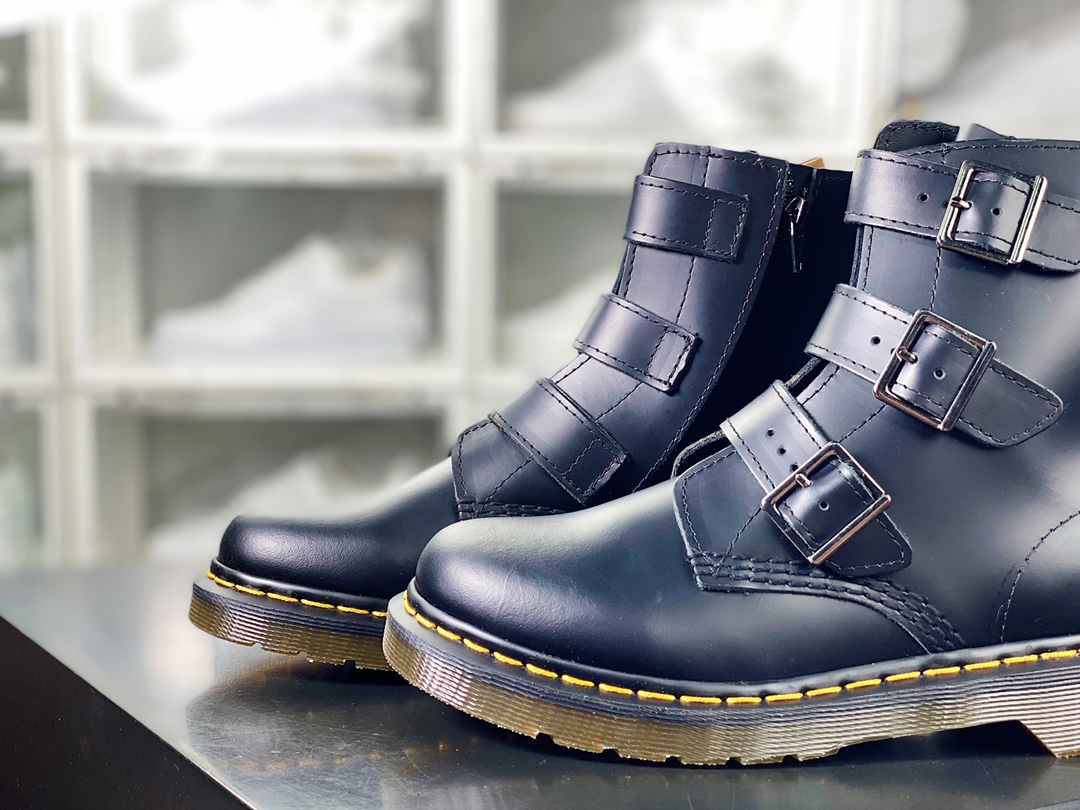 Dr. Martens Blake Boots Leather 3 Strap Zip Side Buckle High Top Martin Boots ”Three Adjustable Buckle Hard Black Leather” R11822206