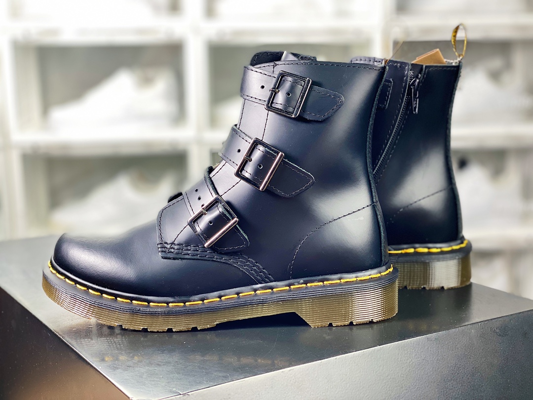 Dr. Martens Blake Boots Leather 3 Strap Zip Side Buckle High Top Martin Boots ”Three Adjustable Buckle Hard Black Leather” R11822206