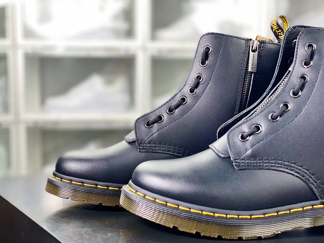 Dr. Martens Blake Boots Leather 3 Strap Zip High-Top Martin Boots ”Mid-Zip Hard Black Leather”