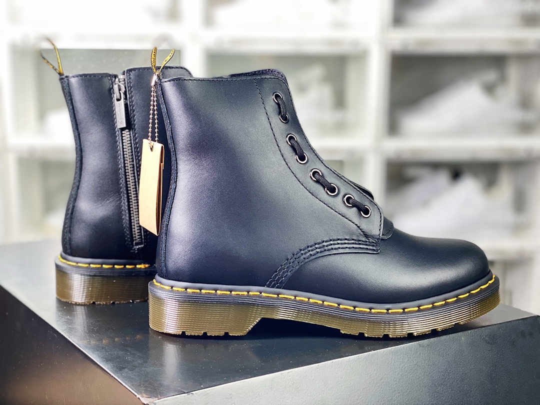 Dr. Martens Blake Boots Leather 3 Strap Zip High-Top Martin Boots ”Mid-Zip Hard Black Leather”