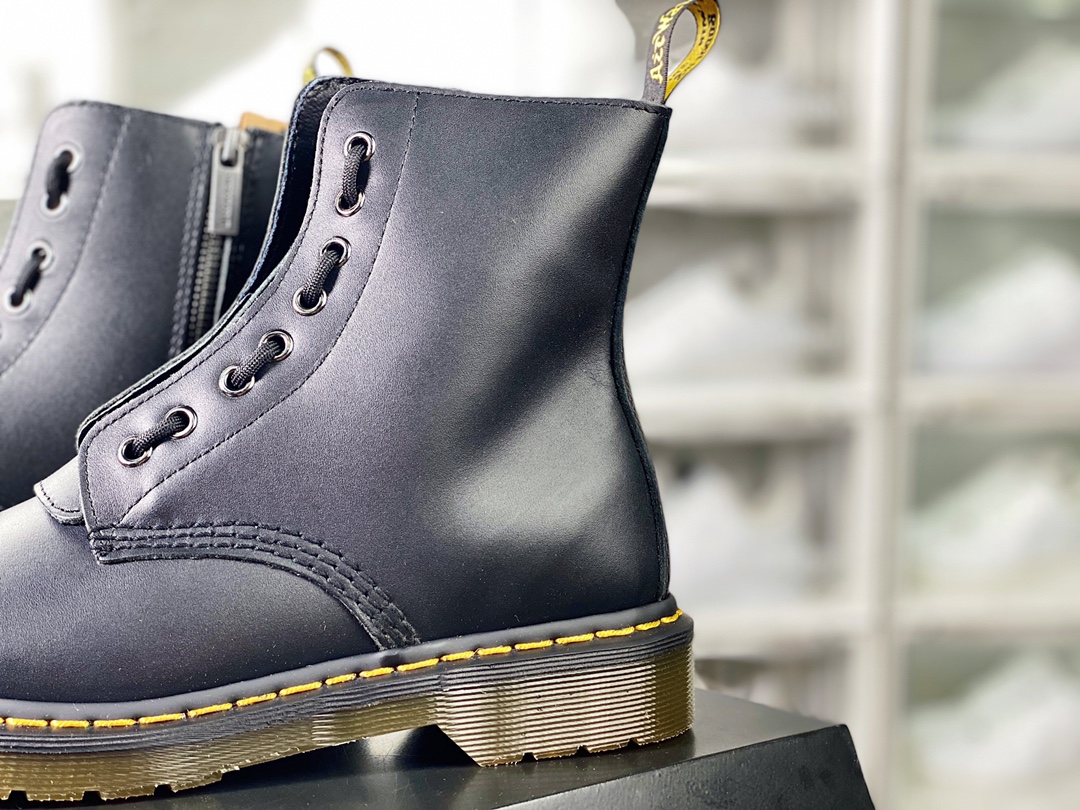 Dr. Martens Blake Boots Leather 3 Strap Zip High-Top Martin Boots ”Mid-Zip Hard Black Leather”