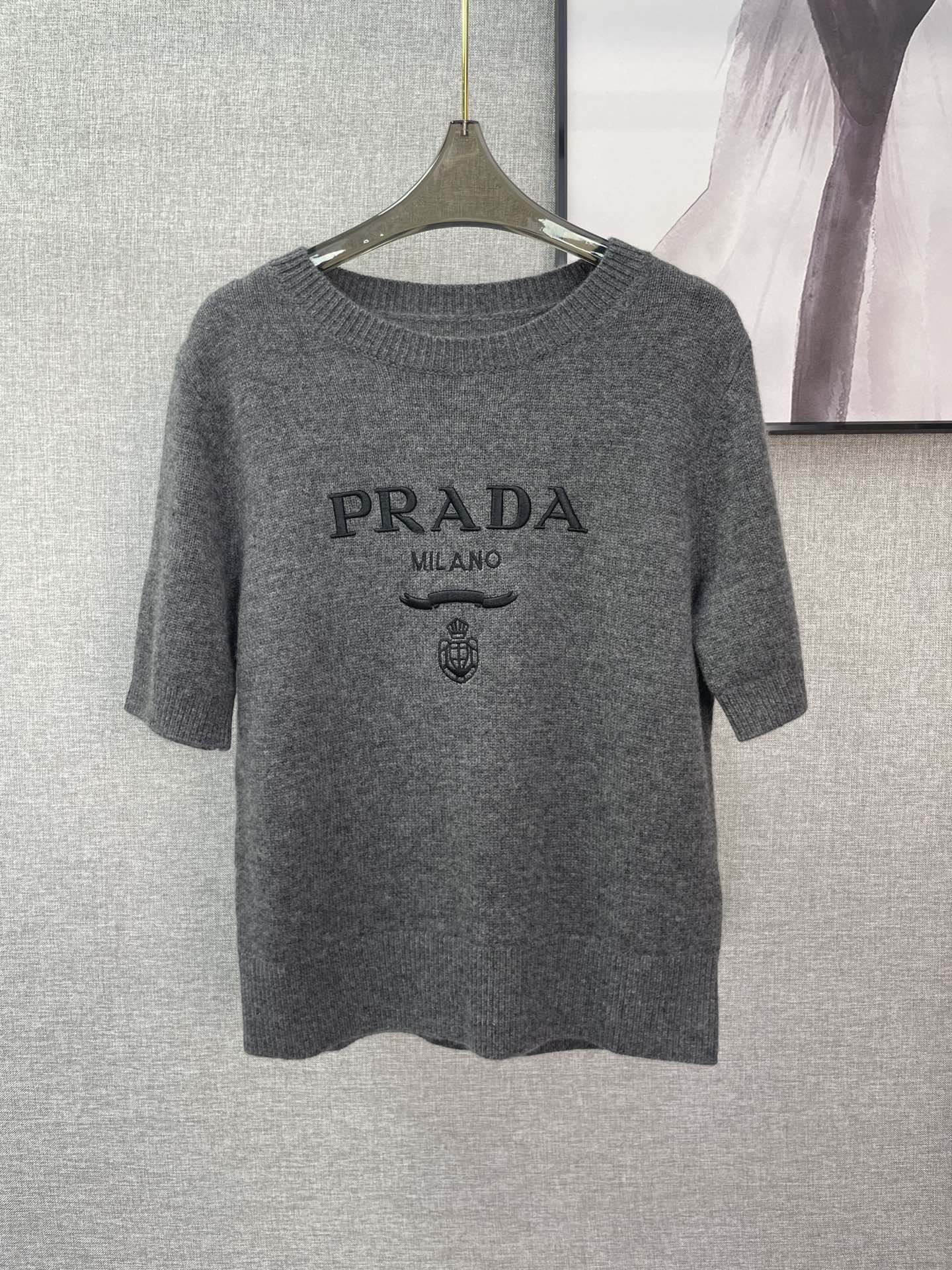 Prada Clothing Sweatshirts T-Shirt Embroidery Cashmere Short Sleeve