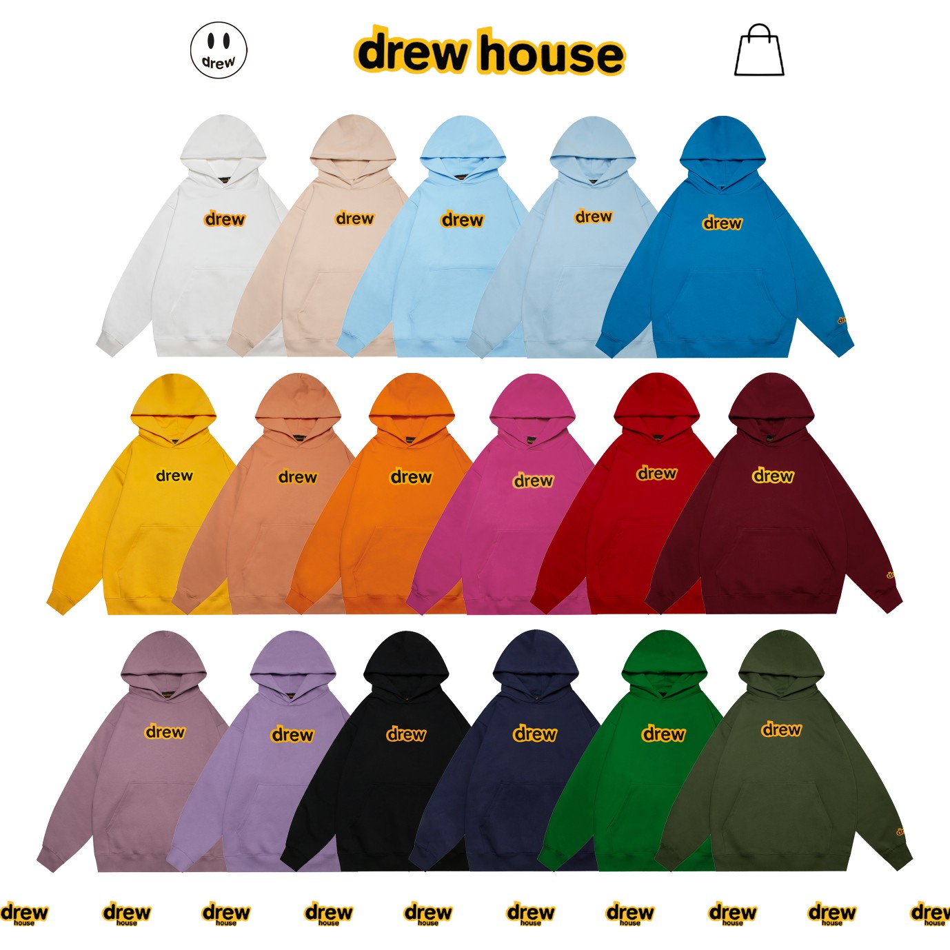 DREWHOUSE-“AAAAA品质” 💰120 DREWHOUSE贾斯汀比伯Justin Bieber同款卫衣 -特点:面料,印花,版型,细节市面最佳❗️❗️❗️ -面料:420g抓毛,棉感超强,不是市面世博绒可比的❗️❗️ -印花:椭圆机胶浆发泡印花做到印花手感清晰度99分,多一分怕骄傲❗️❗️❗️ -颜色:17个色-详细看合集 -尺码:4个码数-S,M,L,XL