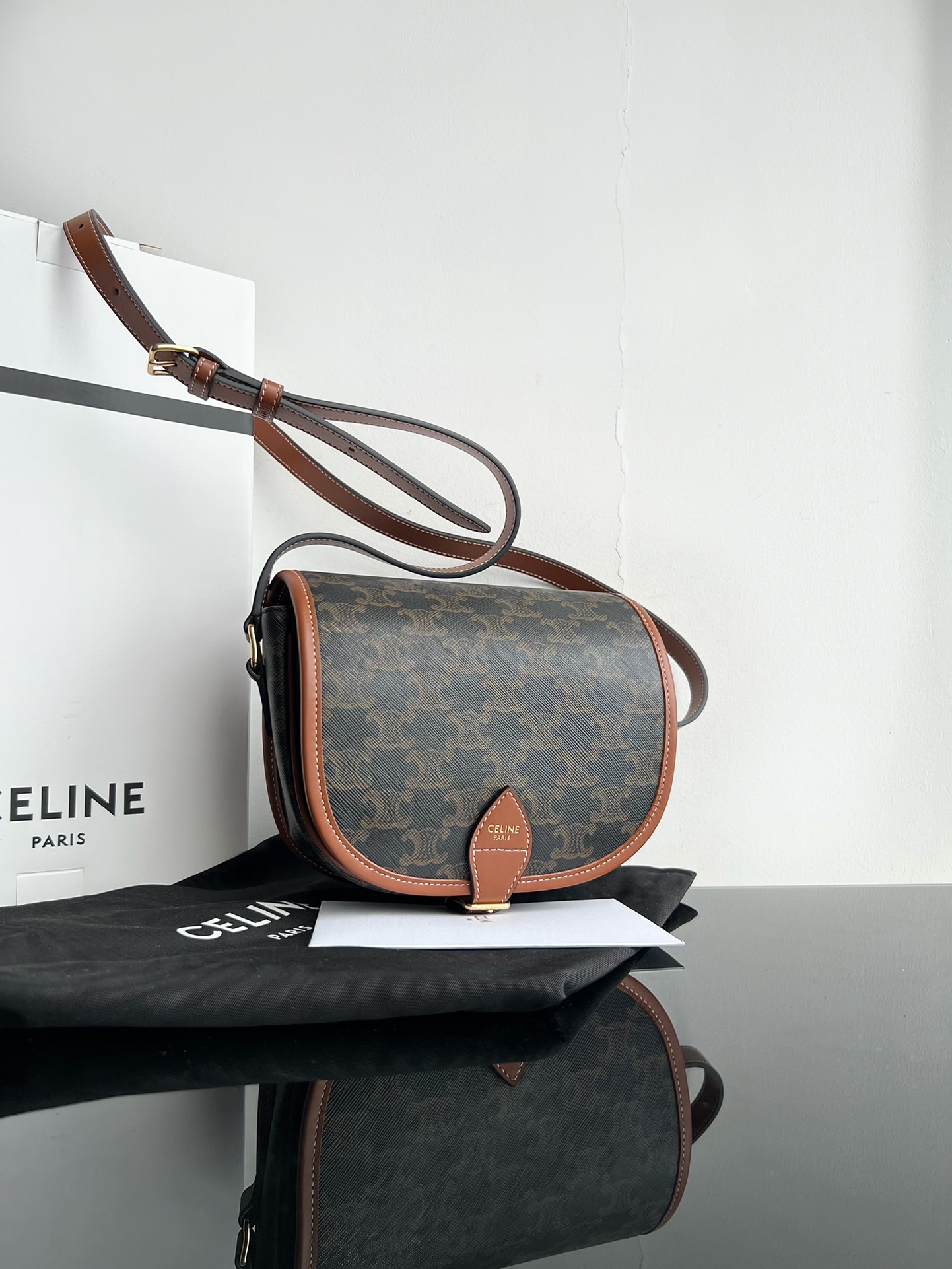 CELINE FOLCO Presbyopic Saddle Logo Print Handbag, Dimensions: 18.5