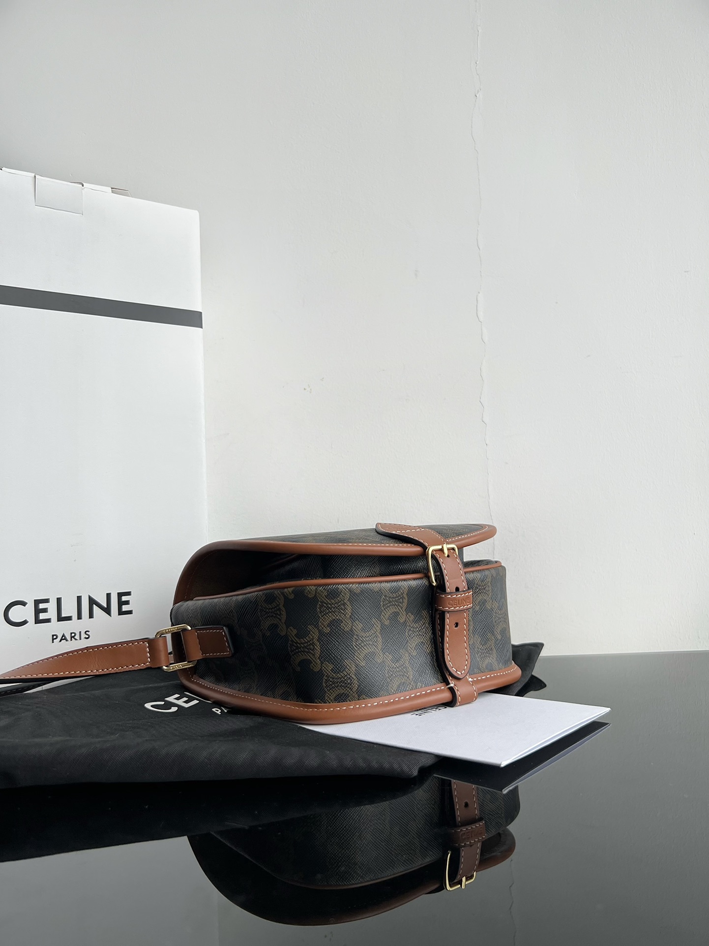 CELINE FOLCO Presbyopic Saddle Logo Print Handbag, Dimensions: 18.5
