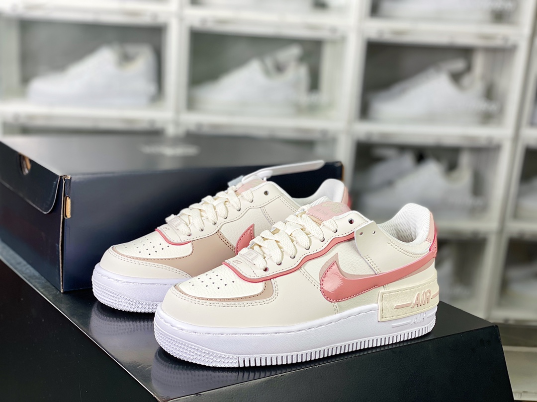 WMNS Air Force 1 Shadow”Sail White Pink”空军一号轻量增高低帮百搭板鞋“皮革米白粉”DZ1847-001