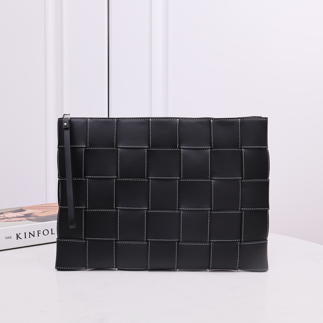 Woven Handbag Cowhide Contrast Stitching Zipper Lining
