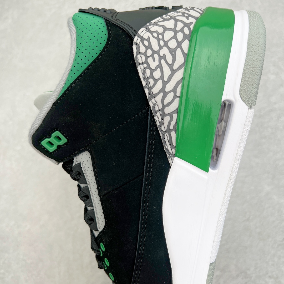 图片[7]-零售💰260 ＃KZ神版福利回馈‼Air Jordan AJ3 Retro 黑绿 CT8532-030 独家外贸特供尺码含45.5 48.5 国内外口碑最好最推荐的产品 市场中端王者 亲自操刀耗时半年巨作 全套原纸板楦头开发 原厂大底磨具加持立体防滑纹理 原装可视Air Sole气垫 原汁原味最完美的三代版型 唯一正确鞋头趴度弧度高度鞋身腰线 此版本只针对中端市场 皮料材质有所更替 其他数据细节工艺流程均保持一致 绝不口嗨 细节品控鞋型随意秒杀市面3XX 4XX 原厂TPU后跟饰片 正确内里反口里网布 皮料菱角分明不变形无多余毛边 正确手工大底描漆拉丝 市场唯一原厂鞋扣模具 原厂织唛标 原厂飞人电绣工艺 尾指中部跳三针 独家绑鞋带手法 印刷中底布 四线拉帮 米色美纹纸贴合固定 进口港宝加持 后跟自然饱满 全鞋荧光划线卡点 追求极致完美 每一双都是工艺品 多重QC质检 超越公司货的品控标准 实实在在的免检产品 尺码：40 40.5 41 42 42.5 43 44 44.5 45 45.5 46 47.5 48.5 编码：by2936060-运动鞋