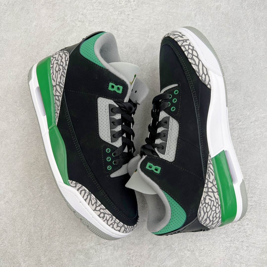 图片[3]-零售💰260 ＃KZ神版福利回馈‼Air Jordan AJ3 Retro 黑绿 CT8532-030 独家外贸特供尺码含45.5 48.5 国内外口碑最好最推荐的产品 市场中端王者 亲自操刀耗时半年巨作 全套原纸板楦头开发 原厂大底磨具加持立体防滑纹理 原装可视Air Sole气垫 原汁原味最完美的三代版型 唯一正确鞋头趴度弧度高度鞋身腰线 此版本只针对中端市场 皮料材质有所更替 其他数据细节工艺流程均保持一致 绝不口嗨 细节品控鞋型随意秒杀市面3XX 4XX 原厂TPU后跟饰片 正确内里反口里网布 皮料菱角分明不变形无多余毛边 正确手工大底描漆拉丝 市场唯一原厂鞋扣模具 原厂织唛标 原厂飞人电绣工艺 尾指中部跳三针 独家绑鞋带手法 印刷中底布 四线拉帮 米色美纹纸贴合固定 进口港宝加持 后跟自然饱满 全鞋荧光划线卡点 追求极致完美 每一双都是工艺品 多重QC质检 超越公司货的品控标准 实实在在的免检产品 尺码：40 40.5 41 42 42.5 43 44 44.5 45 45.5 46 47.5 48.5 编码：by2936060-运动鞋