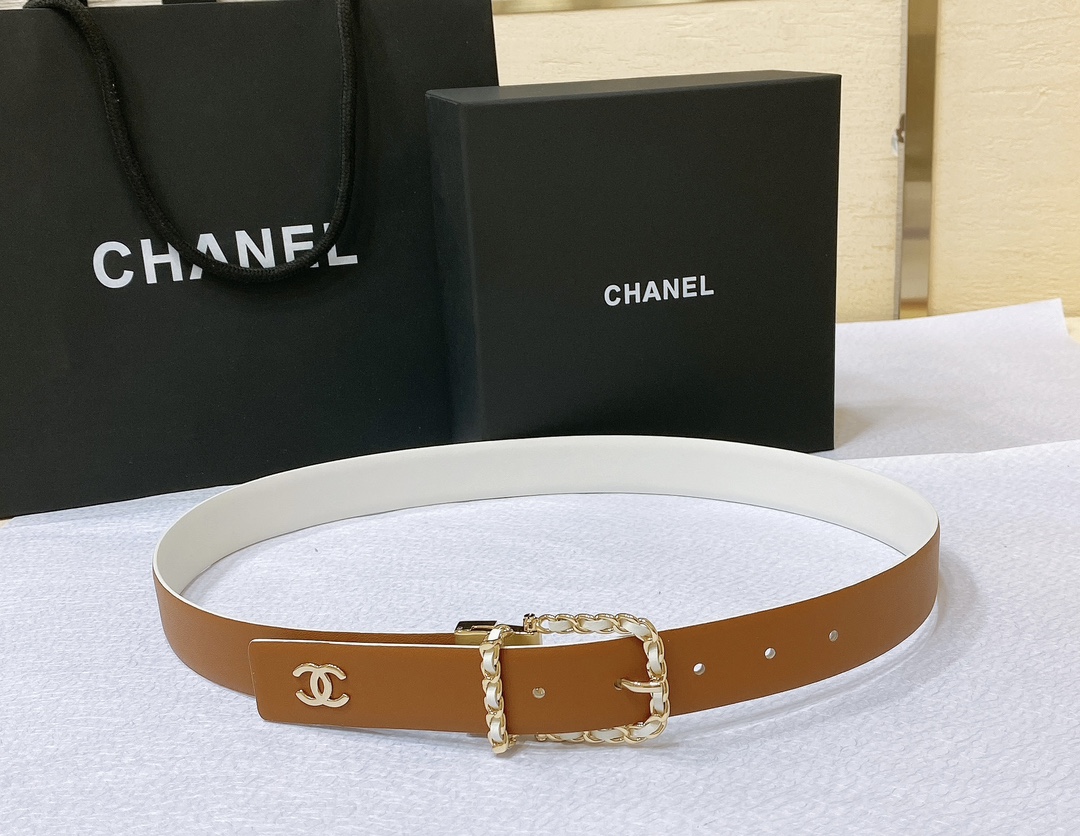 chanel23s独家首发原版小牛皮金色金属与小牛皮白与土黄旋转五金一带两用简单优雅知性的搭配3.0cm