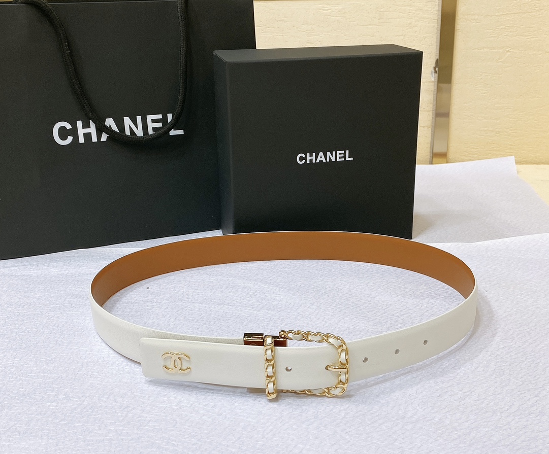 chanel23s独家首发原版小牛皮金色金属与小牛皮白与土黄旋转五金一带两用简单优雅知性的搭配3.0cm