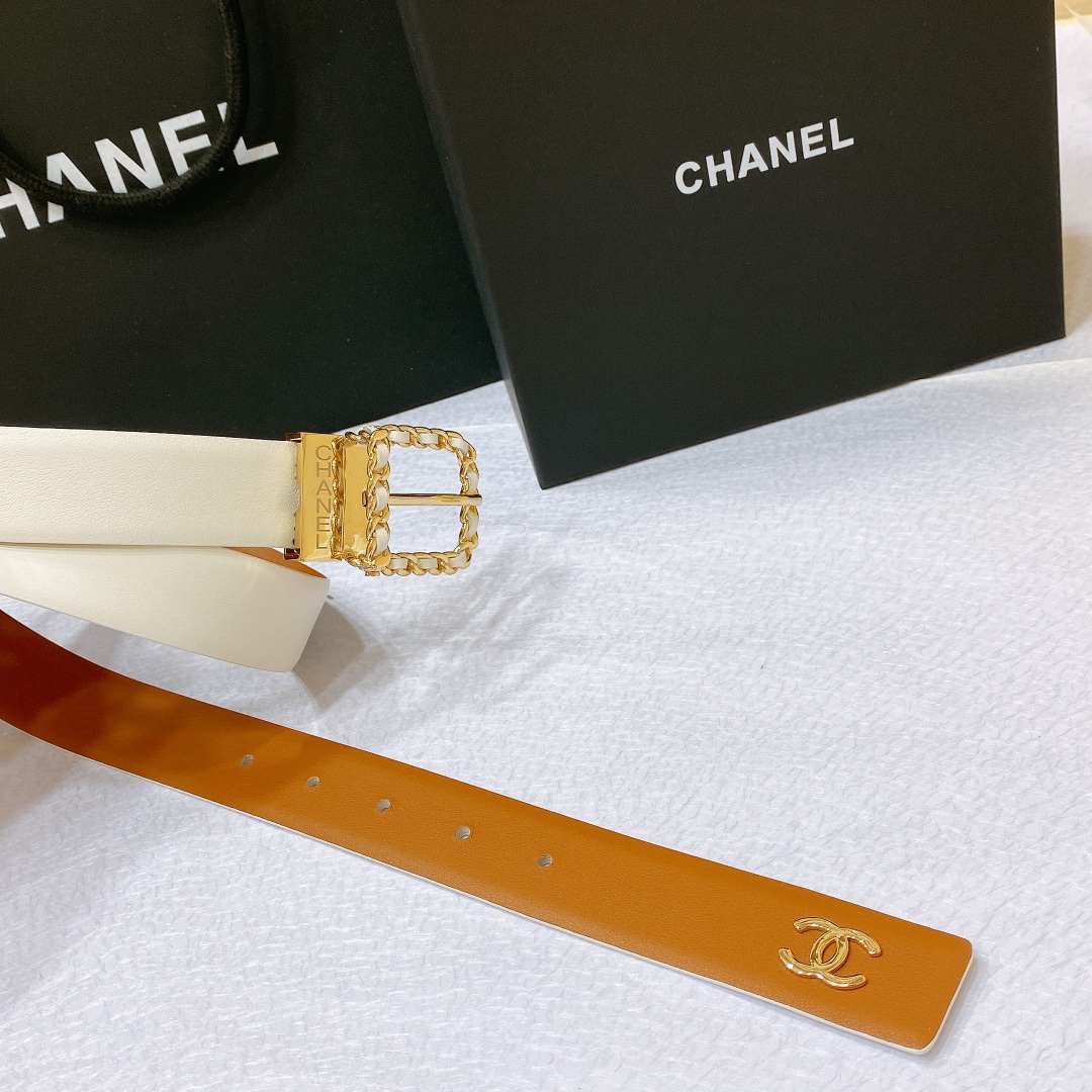 chanel23s独家首发原版小牛皮金色金属与小牛皮白与土黄旋转五金一带两用简单优雅知性的搭配3.0cm