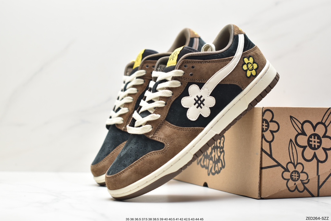 WTP/Water The Plant 1.0 Dunk Low”Shroom”Sunflower Smiley Series Low-top Casual Sports Skateboard Shoes ”Mocha Brown Black Sunflower” WTP028